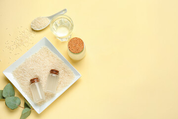 Healthy rice water on color background