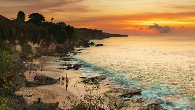 Bali seascape with huge waves at beautiful hidden white sand beach. Bali sea beach nature, outdoor Indonesia. Bali island landscape. Summer holidays at ocean beach. Travel vacation in Indonesia beach