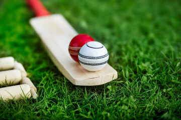 leather Cricket ball resting on a cricket bat placed on green grass cricket ground pitch