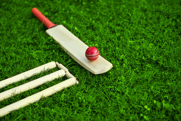 cricket set bat ball stumps and bails on green grass pitch background