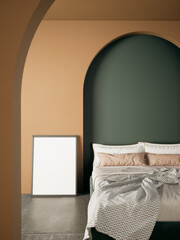 3d rendering of a orange and green bedroom with double bed and a empty frame