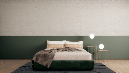 beige bedroom concept with modern vintage interior design, 3d render background