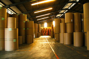 Paper factory warehouse, stack of paper barrel