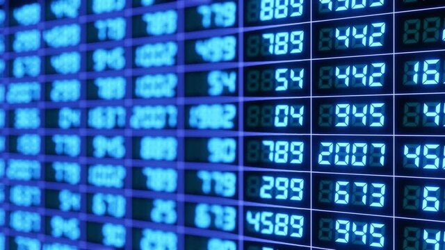 3d rendering of a financial exchange Board with blue numbers. Stock market background. 4k loop animation