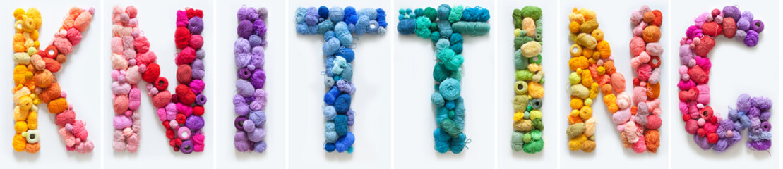 The word Kniting is made up of multi-colored skeins and a ball of yarn. White background. Rainbow color gradient.