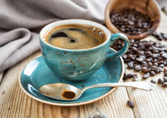 Black coffee and coffee beans