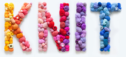 The word Knit is made up of multi-colored skeins and a ball of yarn. White background. Rainbow color gradient.