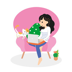 Girl working at home in the pink armchair with cat 