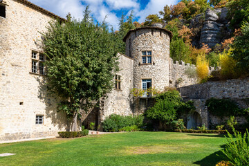 Stone castle in the medieval town of Vogue in Ardeche, France