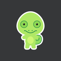 Cute funny baby chameleon sticker. Adorable animal character for design of album, scrapbook, card, poster, invitation. Flat cartoon colorful vector stock illustration.