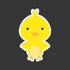Cute funny baby chicken sticker. Adorable animal character for design of album, scrapbook, card, poster, invitation. Flat cartoon colorful vector stock illustration.