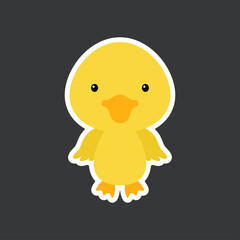 Cute funny baby duck sticker. Adorable animal character for design of album, scrapbook, card, poster, invitation. Flat cartoon colorful vector stock illustration.