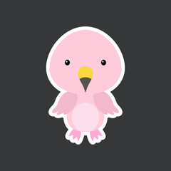 Cute funny baby flamingo sticker. Tropical adorable bird character for design of album, scrapbook, card, poster, invitation. Flat cartoon colorful vector stock illustration.