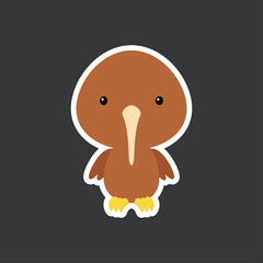 Cute funny baby kiwi bird sticker. Adorable animal character for design of album, scrapbook, card, poster, invitation. Flat cartoon colorful vector stock illustration.