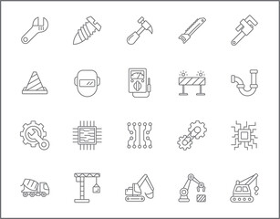 Set of labor day and construction icons line style. It contains such Icons as industrial equipment, industry, tools, engineering, machinery, working, work, project, job and other. 