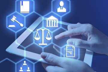 Laws, legal information and online consultation. Woman using tablet, closeup. Icons over device