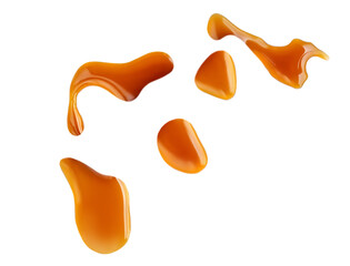 Caramelized Caramel toffee sauce  isolated on white background.  Melted Caramel drops Top view