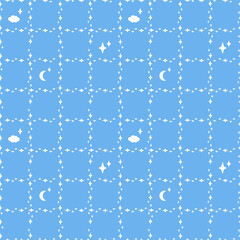 Seamless pattern with stars of different sizes. Clouds, the moon. Square cell of white stars on a blue background.