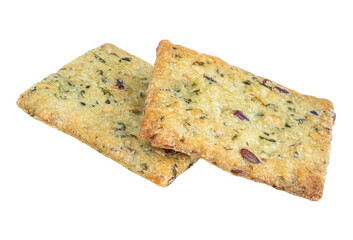 Salted crispy crackers with sesame, rosemary and sunflower seeds isolated on white background. Macro food