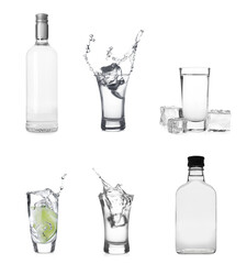 Set with bottles and shots of vodka on white background