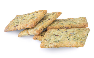 Salted crispy crackers with sesame, rosemary and sunflower seeds isolated on white background....