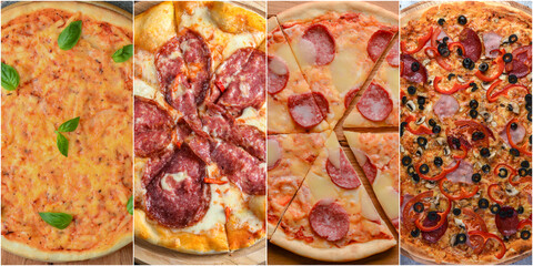 Various pizza and pizza ingredient foods together in a collage. Pizza, pizza rolls, toppings, dip.
