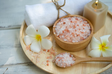 Composition of spa treatment on wooden background
