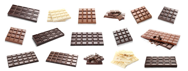 Set with different types of chocolate bars on white background. Banner design