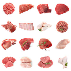 Set with different raw meat on white background, top view