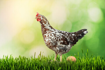 Beautiful chicken and egg on green grass