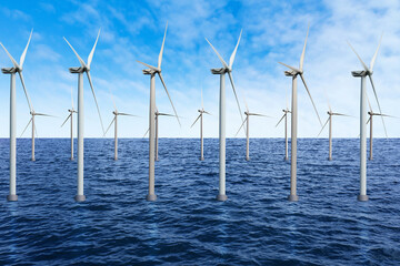 Floating wind turbines installed in sea under blue sky. Alternative energy source