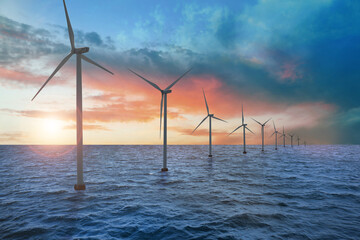 Floating wind turbines installed in sea. Alternative energy source - Powered by Adobe