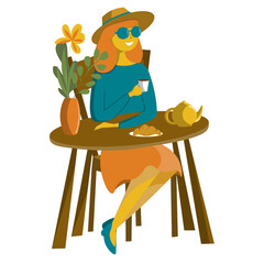 A young woman sits at a table and drinks coffee. Illustration in a flat style.