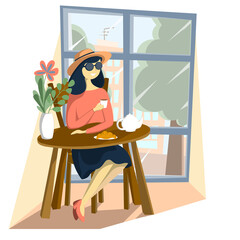 A young woman sits in a cafe by the window and drinks coffee. Illustration in a flat style.