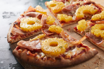 Tasty Hawaiian pizza with pineapple rings