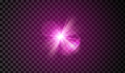 Lens flare. Light glow effect. Pink sparkle and glare object. Isolated vector illustration on transparent background.