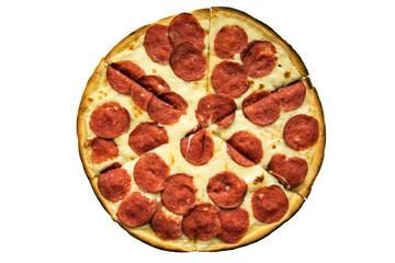 Meat feast pizza with pepperoni and spicy sausage topping isolated on white. Top View