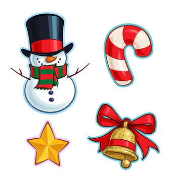 Christmas Cartoon Icon Set - Snowman Candy Cane Star Bell