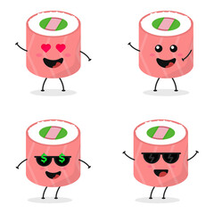 Cute flat cartoon sushi illustration. Vector illustration of cute sushi with a smiling expression.