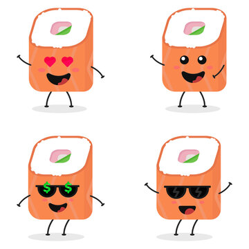 Cute flat cartoon sushi illustration. Vector illustration of cute sushi with a smiling expression.