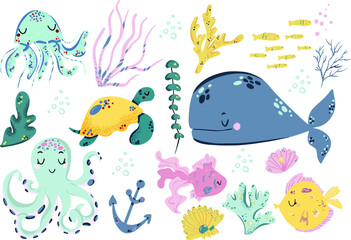 Sea life. Set with funny sea animals. Vector collection