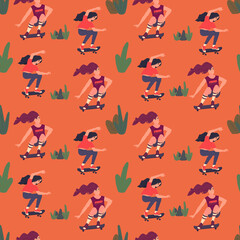 Girls riding skateboard vector seamless pattern. Two young women on skateboard, green cactuses around texture. Summertime fun. Design for textile, wrapping paper, web background, cover, wallpaper