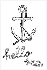 Anchor Hello sea, marine lettering with hawser, hand drawn vector illustration