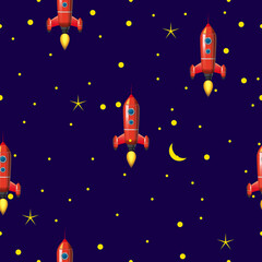 Seamless Rocket pattern, stars and space