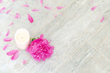 Fototapeta na wymiar Beautiful pink peony flowers and white candle on light grey stone background with copy space for your text top view. Greeting card, SPA and romantic concept.