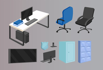 Office furniture flat color vector objects set