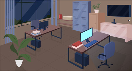 Fototapeta na wymiar Open space office at night flat color vector illustration