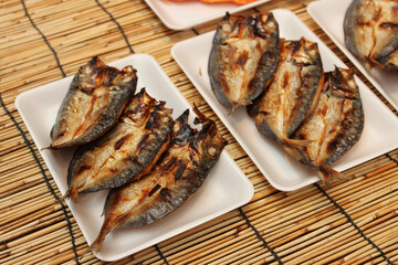 Fried fish on sale in the Kuromon Ichiba Market, Osaka, Japan
