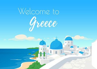 Welcome to Greece poster flat vector template - obrazy, fototapety, plakaty