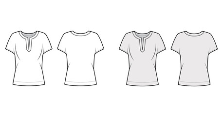 Blouse technical fashion illustration with split neckline, relaxed silhouette, wide short cap sleeves. Flat apparel shirt template front, back, white grey color. Women men unisex top CAD mockup